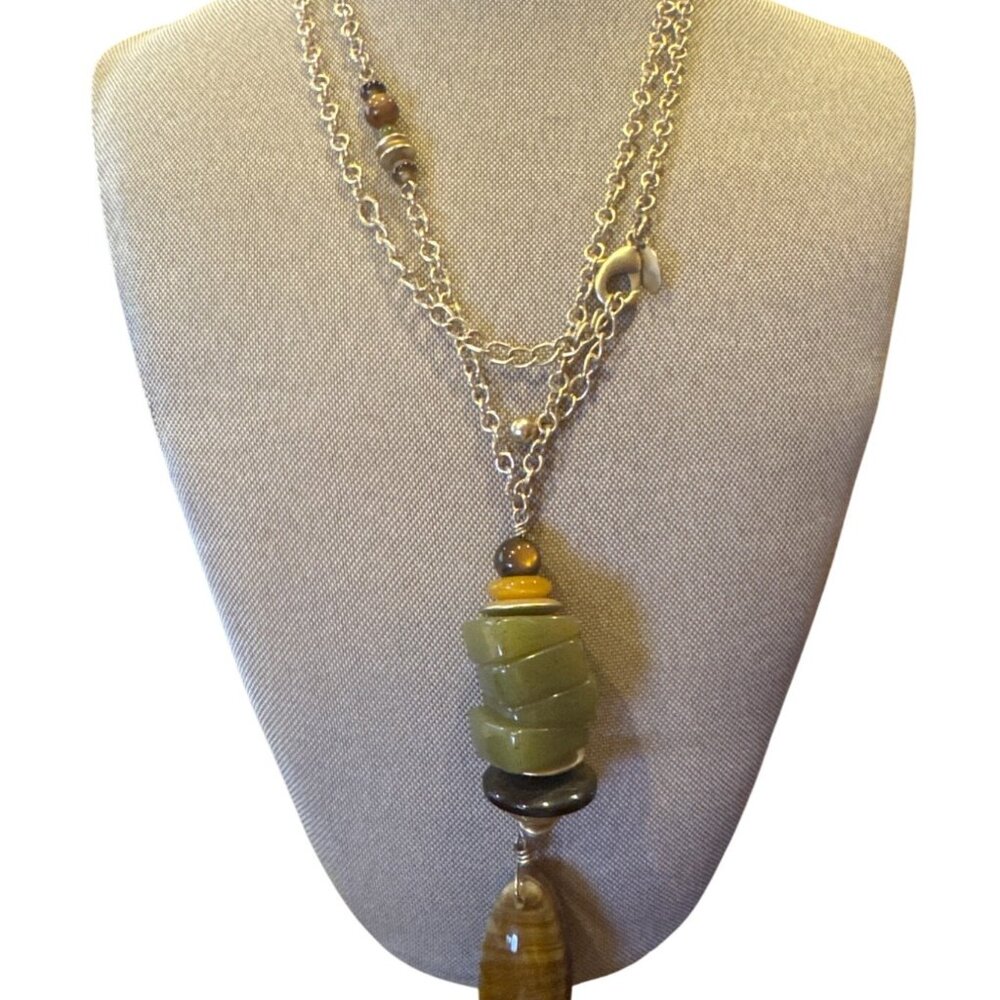 Chicos Long Layered Chain Statement Necklace Green Brown Stone Pendant Boho 37"